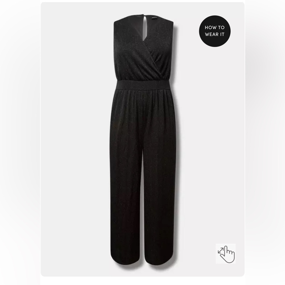 NWT Shimmery Black faux Wrap-Style Jumpsuit with Wide-Leg Pants